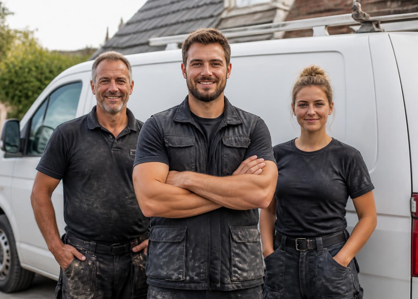The Roddis Roofing family team in workwear beside their van