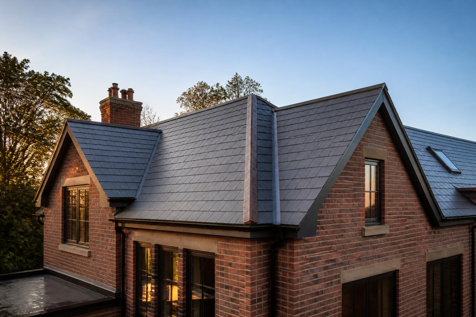 Newly finished slate roof with hand-dressed lead detailing on a brick house