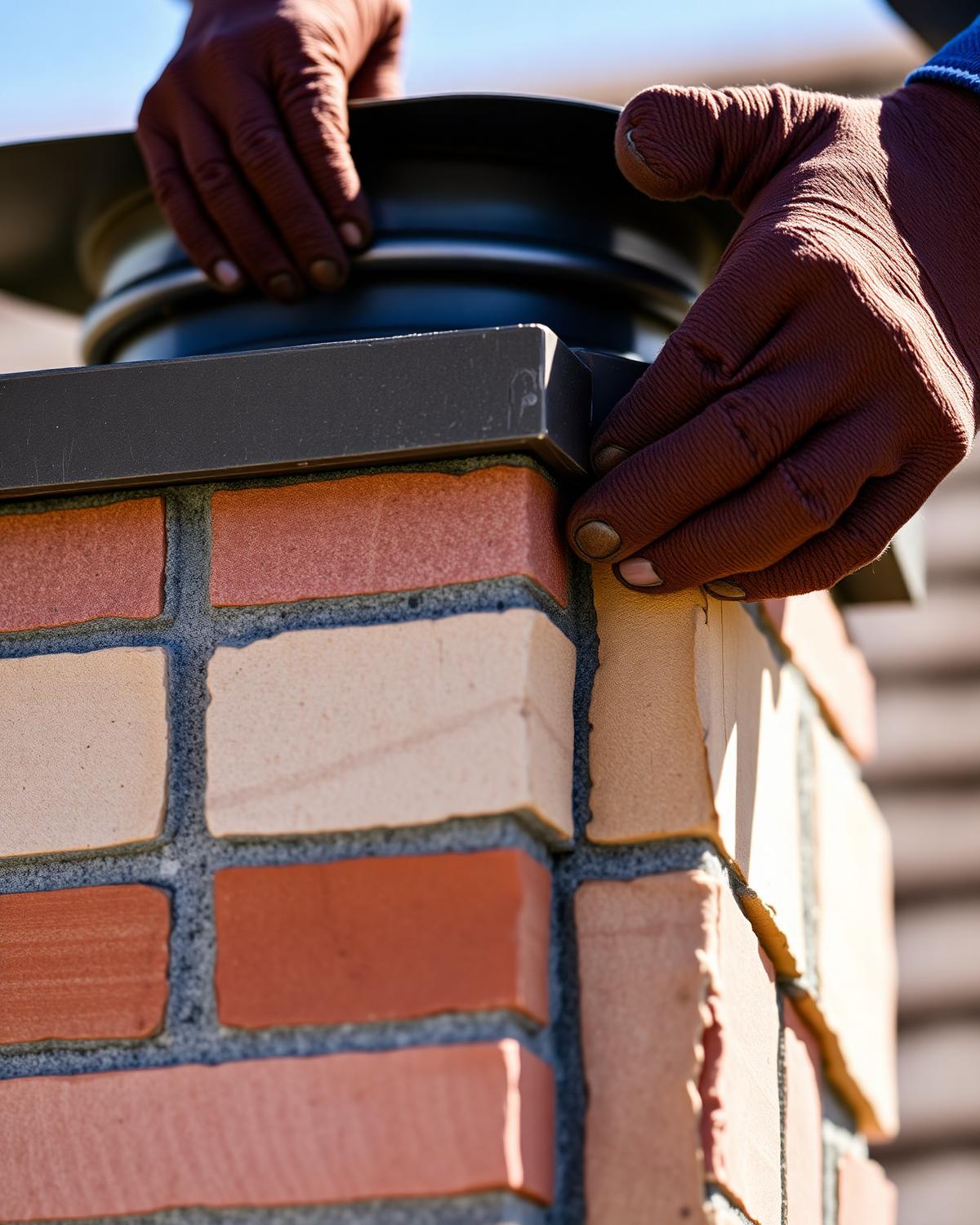Roofer hand-dressing lead flashing around a chimney